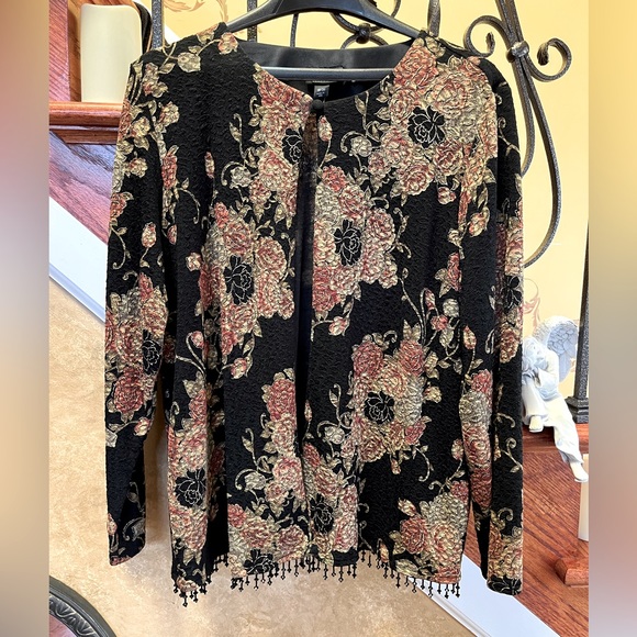 Dressbarn Woman Collection Floral Open Face Cardigan With Beaded Detail - Picture 2 of 16